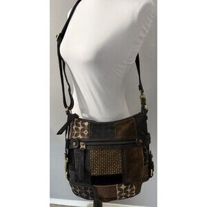 FOSSIL Patchwork Shoulder Handbag Canvas Leather Strap Bohemian Handbag EUC
